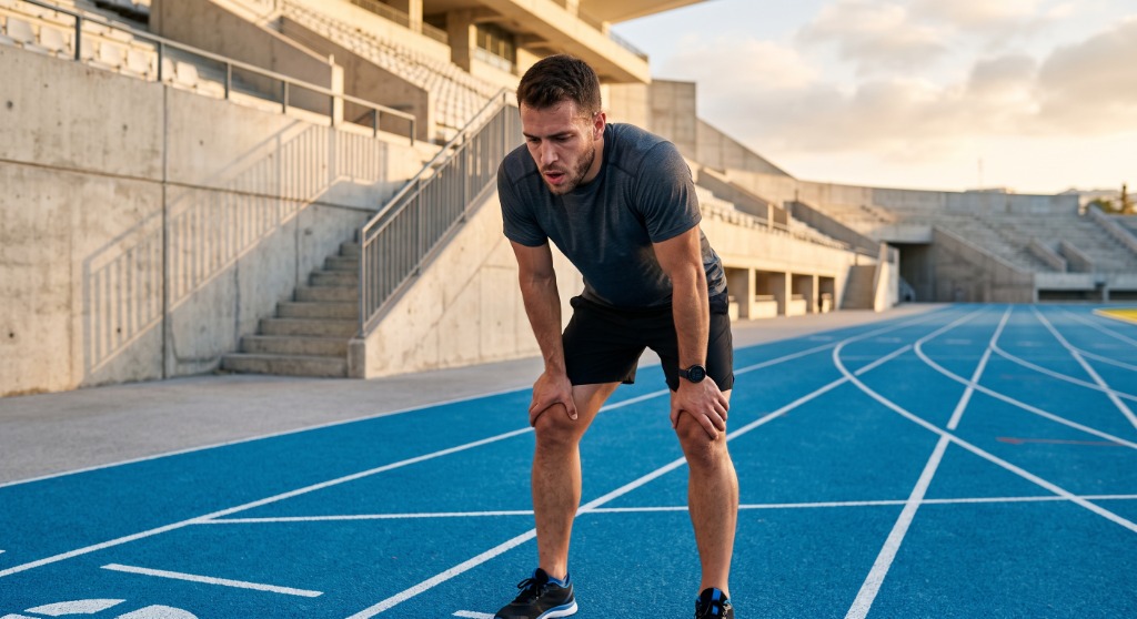 Atleta in fase di recupero in pista sportiva